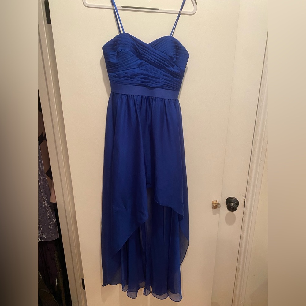 Aidan Mattox High Low Maxi Dress, Blue+ Silver Lurex Thread, Size 4